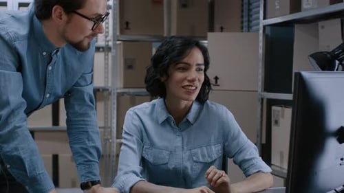 Female Inventory Manager Scans Cardboard Box with Barcode Scanner, Worker Puts Package on the Desig