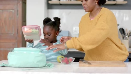 Girl and Woman Packing Lunch Together at Home