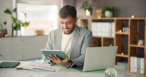 Tablet, online and business man in office for research, website and financial review for project