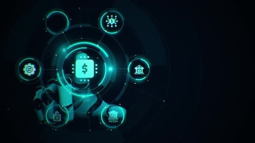 Robot Hand Activates Futuristic Digital Finance and Technology UI