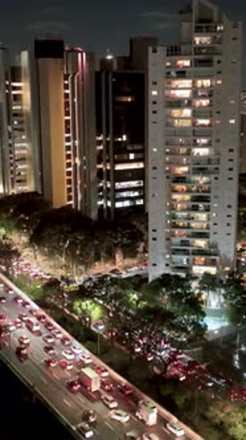 Illuminated Buildings At City Night In Sao Paulo Brazil.