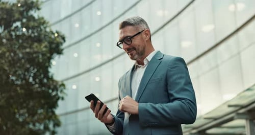 Online, phone and business man in city for communication, typing email and contact