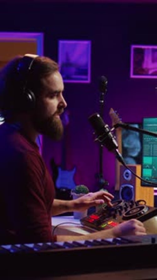 Vertical Video Music Producer Singing at Home Studio Microphone to Record Songs