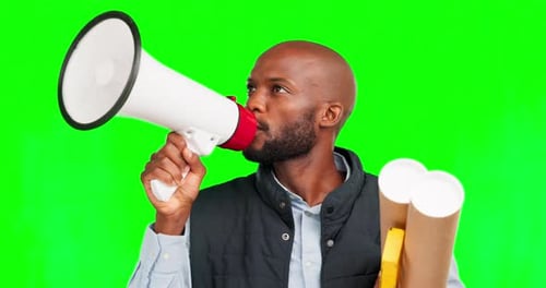 Construction, megaphone and black man engineer on green screen in studio isolated on a background