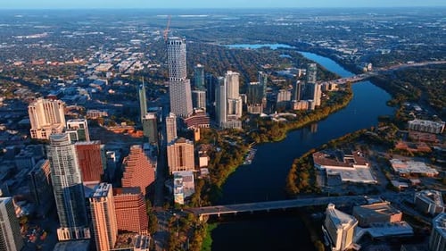 Footage above the Colorado River flowing among the picturesque green banks.