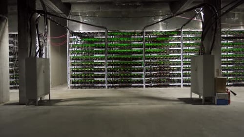 Cryptocurrency Mining Equipment on Large Farm ASIC Miners on Stand Racks Mine Bitcoin in Server Room