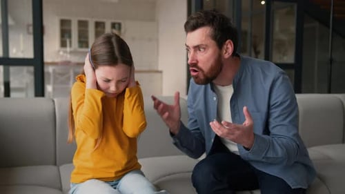 Annoyed Caucasian Man Dad Male Screaming Shout on Little Kid Disobedience Scold Child Offended