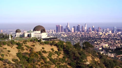 Griffith Park Observatory and View of Downtown Los Angeles Aerial