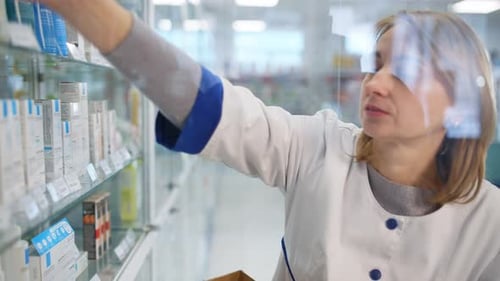 A Female Pharmacist Lays Out Goods on a Shelf in a Pharmacy