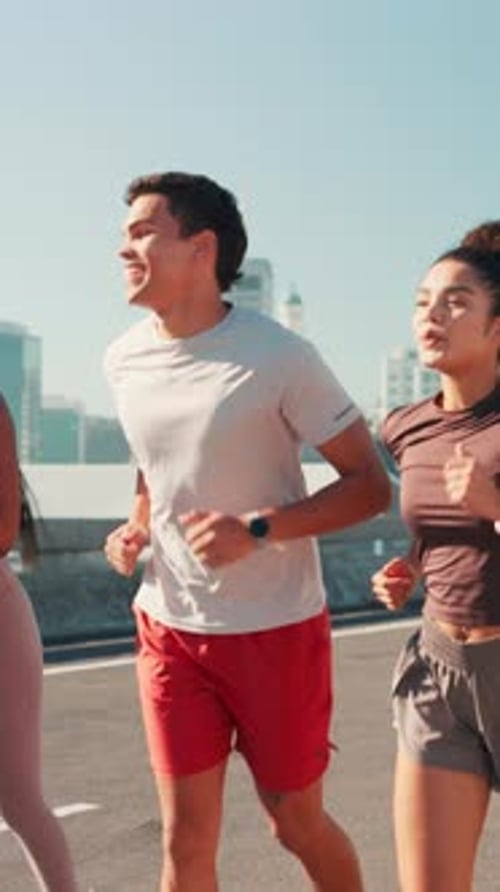 City, people and friends for workout, wellness challenge and training for marathon on bridge