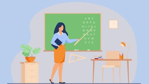 Animated Teacher Explaining Alphabet in Flat Design Classroom