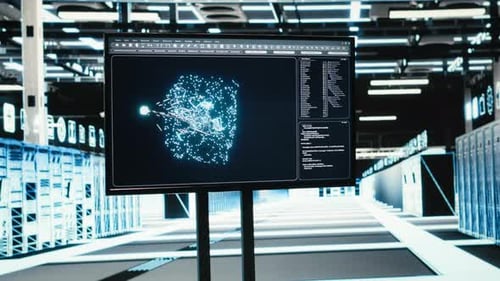 El monitor en un centro de datos vacío y la visualización de realidad aumentada se utilizan para solucionar problemas