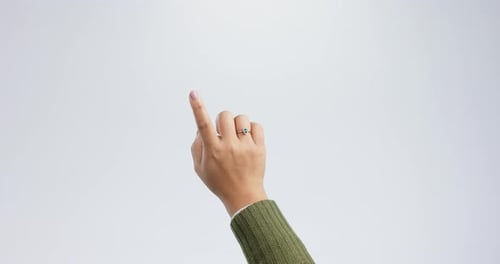 Finger, click and swipe with touchscreen button, press and interactive on a white studio background