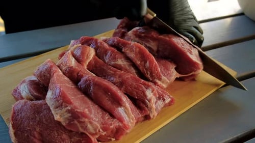 Close up view of person cutting raw meat
