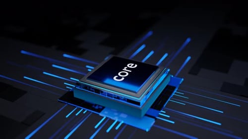 Futuristic CPU Core Processing with Glowing Blue Data Streams