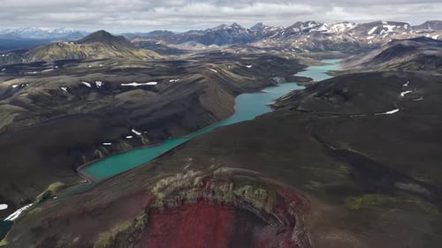 Aerial view of mountains and lake, Iceland.