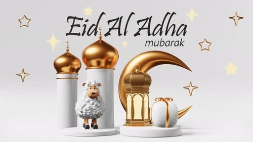 3D-Animationsschleife zur Begrüßung von Eid al-Adha. Islamische Moschee Schafe opfern Halbmond Geschenk Podium 4K