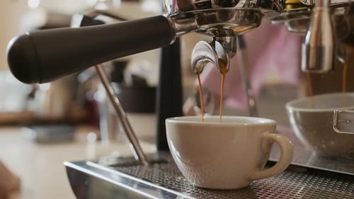 Professional Coffee Machine Making Beverage in Cup at Cafe Counter