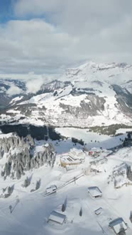 Aerial video over a ski resort in Engelberg Switzerland