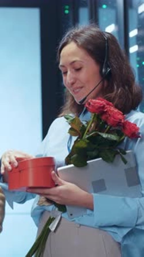 Romantic Workplace: Woman Receives Gifts in Server Room