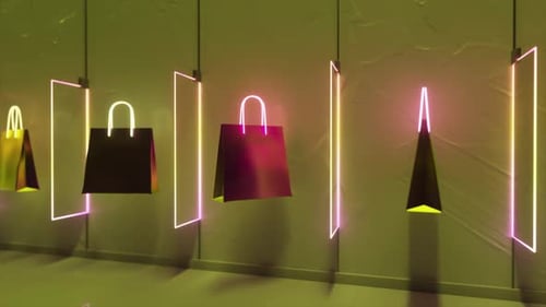Neon Shopping Bags Rotating in Modern Retail Display