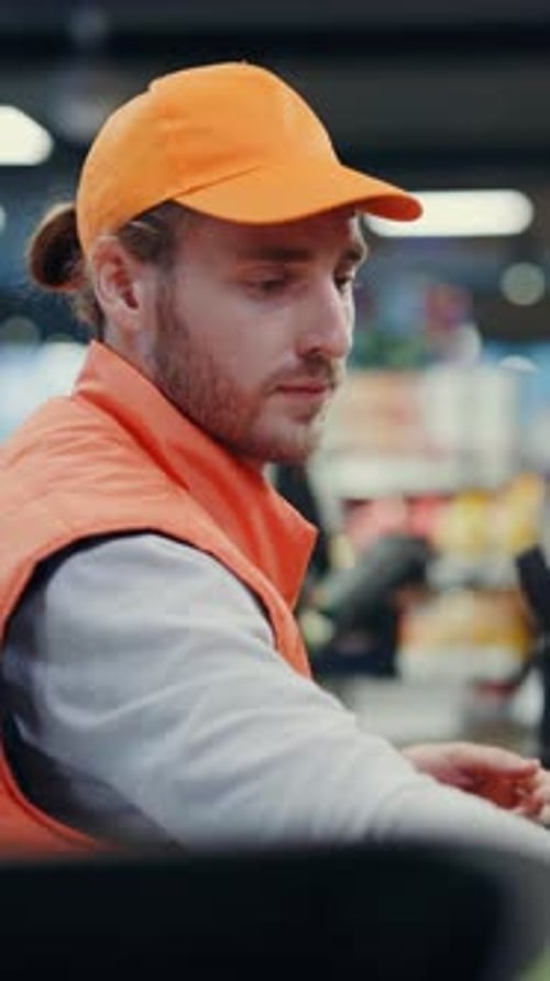 A Dedicated Professional Media Stocker Wearing Vibrant Work Attire in a Grocery Store