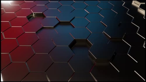 Animation Of Abstract Hexagons. Metal Reflective Surface In Warm Cold Lighting