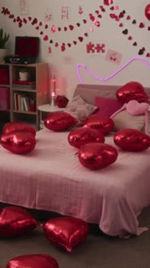 Vertical of Holiday Bedroom Decorated for Home Valentines Day Celebration