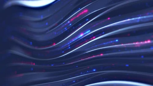Wavy lines with glowing particles flow. Futuristic technologies background. Seamless loop