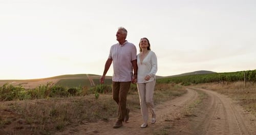 Old couple, walking in countryside and sightseeing outdoor for view, love and marriage