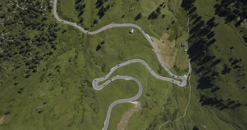 Aerial view of Passo Gardena, Dolomites Mountains, Trentino, Italy.