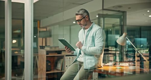 Business, tablet and man in office, typing and research for article, website info and creative