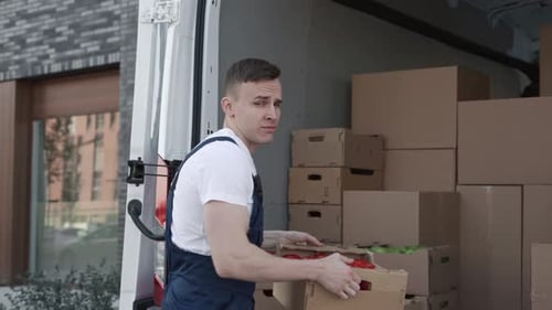 Transportation of Food on Truck. Order of Foodstuffs From Production Warehouse For
