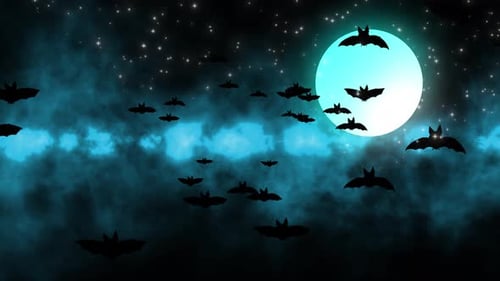 Flying Bats Silhouette in Spooky Night Sky with Full Moon