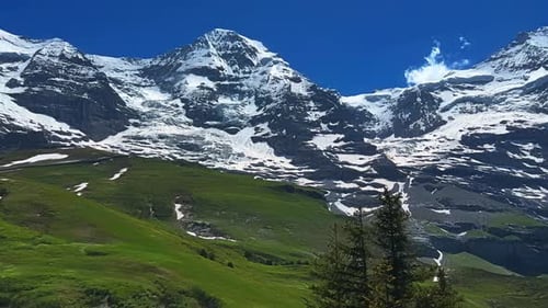 Mount Eiger North Mountain Peaks, Swiss Alps In Switzerland. Panning Shot