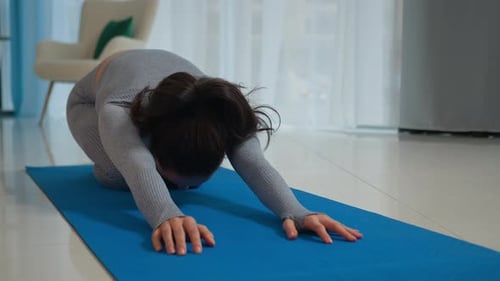 Athlete Woman Yogi Female Girl Fit Flexible Sportswoman on Mat Yoga Exercise Meditation at Home Bend