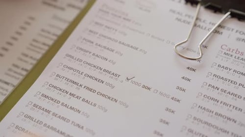 Customer Choosing Food and Marking a Restaurant Menu