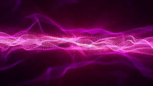 Animación en bucle de ondas rosas abstractas hechas de partículas brillantes que se mueven sobre un fondo oscuro