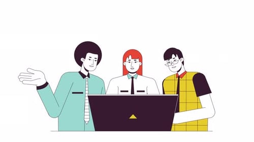 Flat Design Animation of Three People Collaborating with Laptop