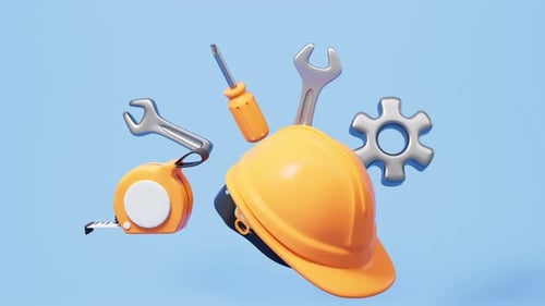 Cartoon helmet and spanner, screwdriver and so on repair tools, 3d rendering.