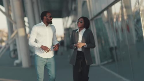 Young AfroAmerican Businessman and Businesswoman in Elegant Outfits and Sunglasses Having a Business