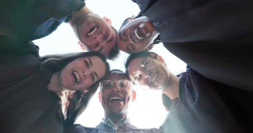 Graduation, goal or face of students in huddle on campus for education, achievement