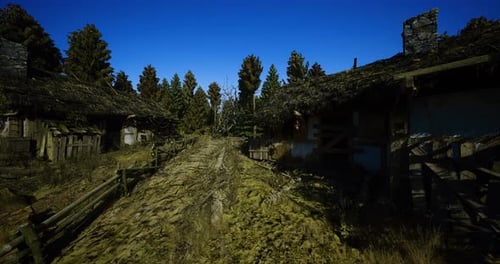 Radiant Dilapidated Square with Vibrant Foliage and Clear Blue Canopy