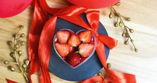 Heart of Strawberries Dessert with Red Ribbon