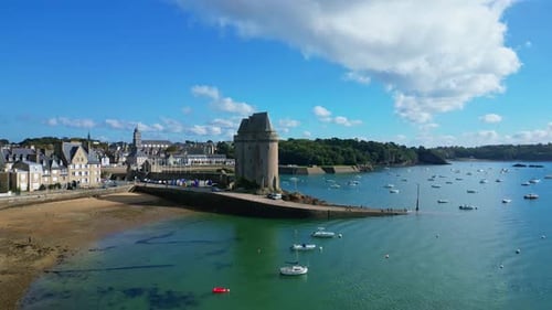 Solidor Tower, Saint-Malo, Brittany in France. Aerial drone forward and sky for copy space