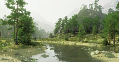 Ruhiger Fluss, der durch eine üppige Waldlandschaft in den Bergen fließt
