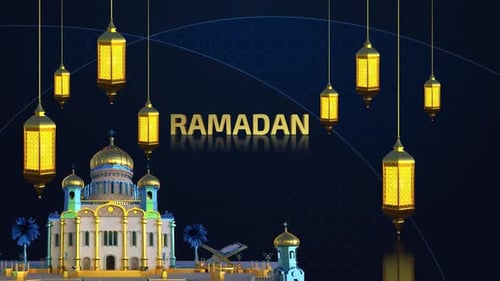 Ramadan Mubarak Greeting with Golden Mosque and Lanterns