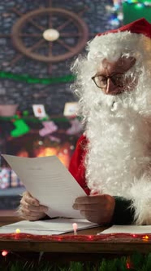 Santa Claus Reading Letter at Decorated Christmas Desk