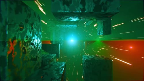 Voler à travers un tunnel de science-fiction futuriste avec des blocs et des lignes brillants, sans faille