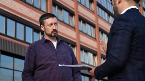 Man Client Real Estate Agent Discuss Buy City House Flat Consulting Mortgage Banking Loan Agreement